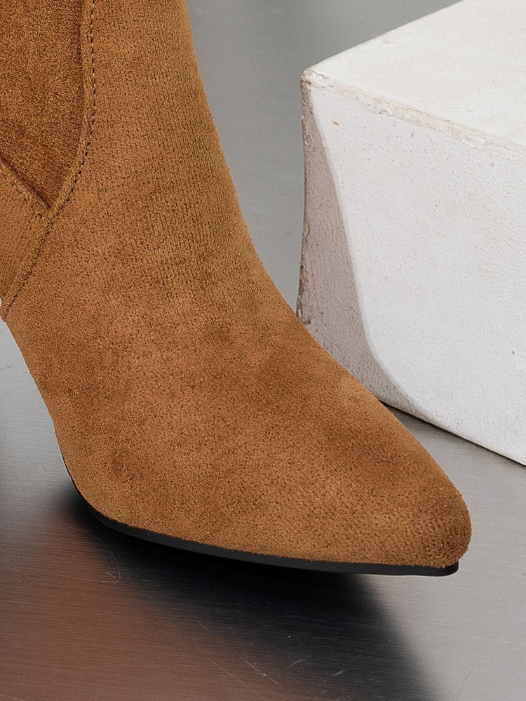 Chunky Heel Pointed Toe Boots - Suede High Shaft