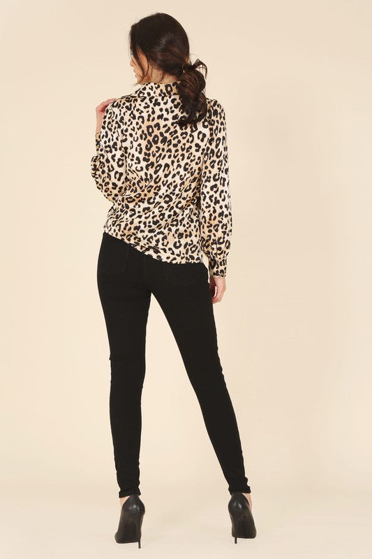 Satin Long Sleeve Leopard Blouse