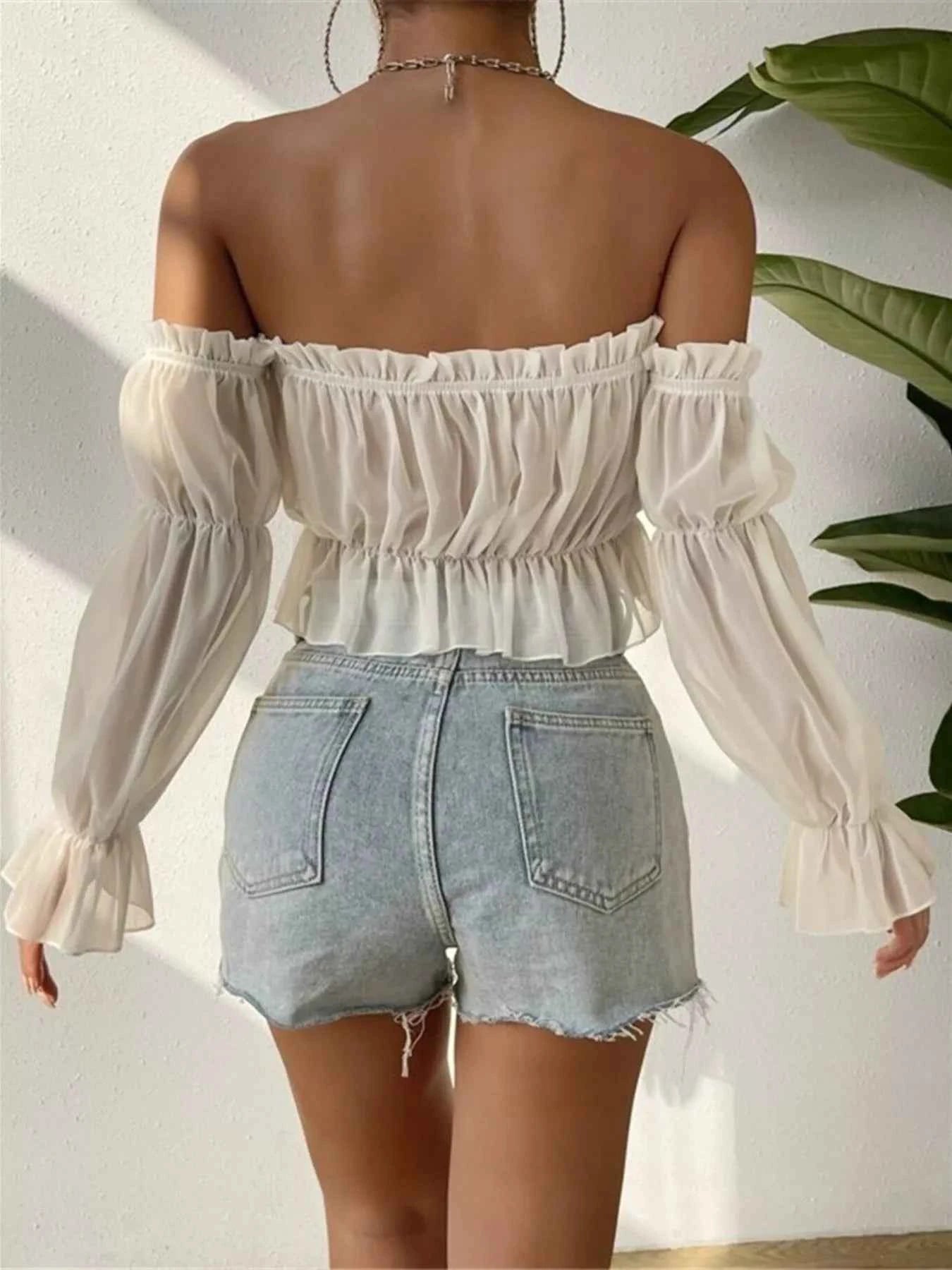 Off-Shoulder Ruffle Trim Sheer Cropped Blouse