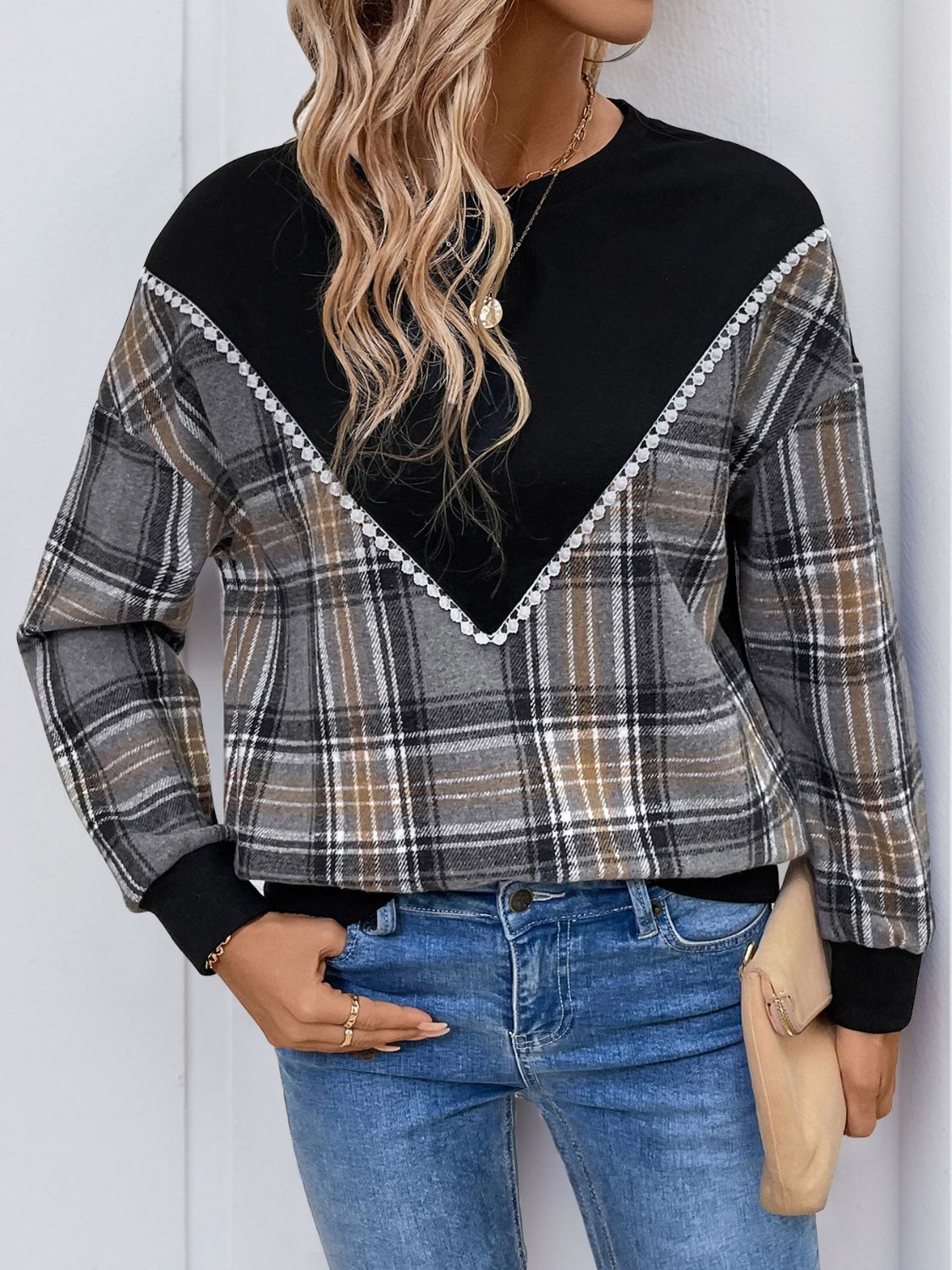 Black Plaid Sweatshirt - Lace Detail Long Sleeve Top