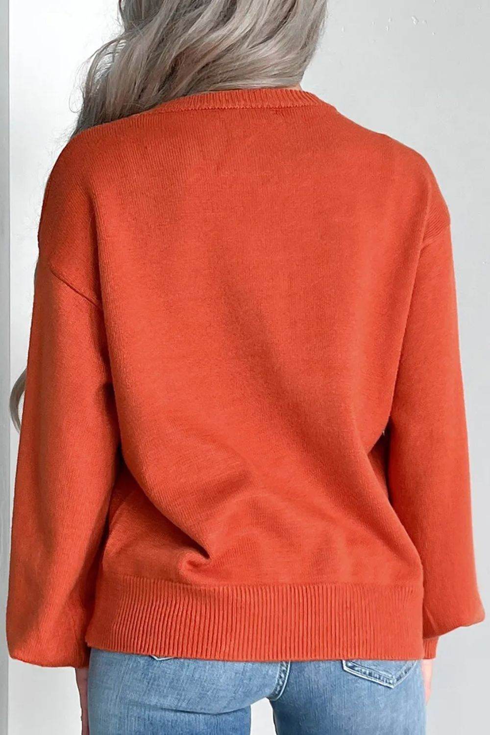 Pumpkin Pattern Round Neck Sweater - Fashions Envy