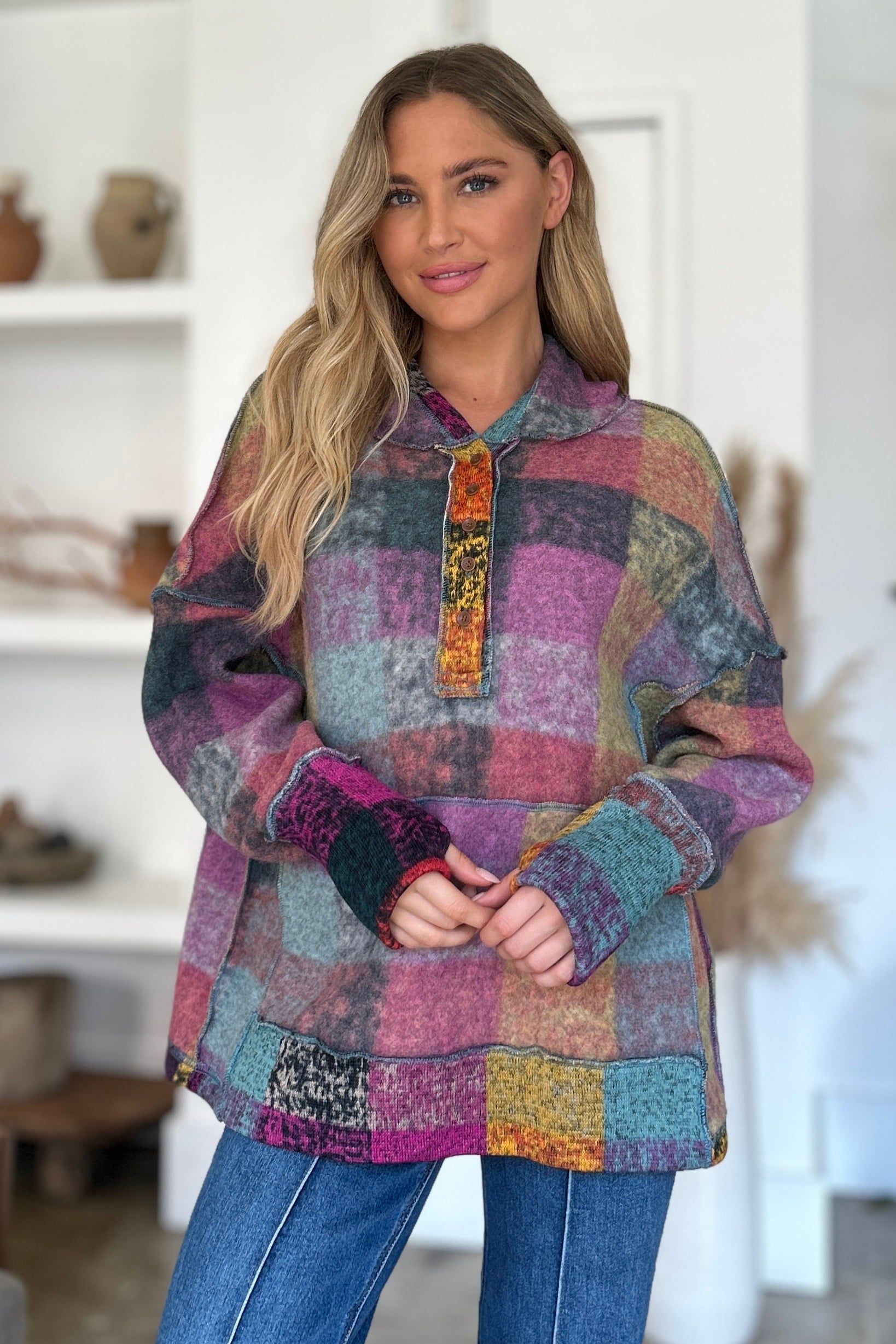 Double Take Full Size Plaid Dropped Shoulder Hoodie - Fashions Envy