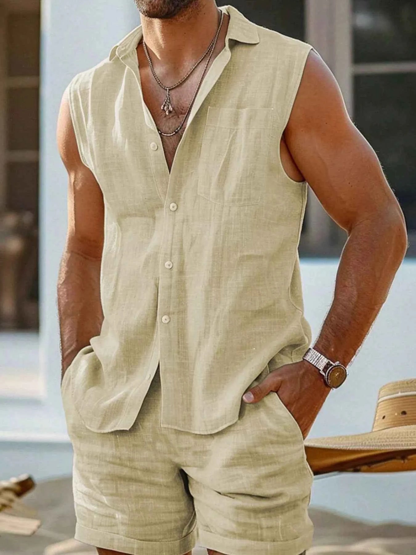 Men's Plus Size Casual Button Up Vest & Shorts Set