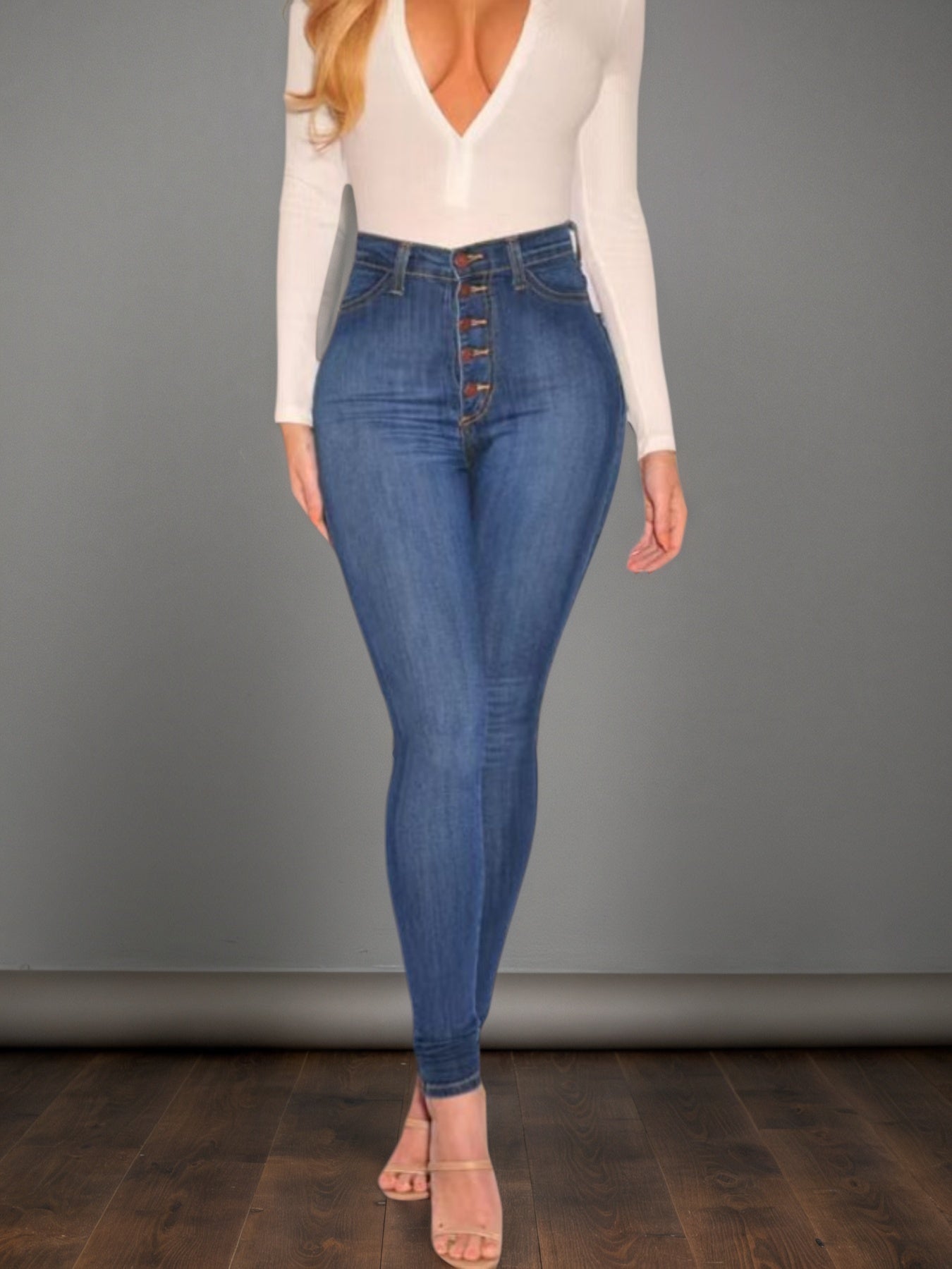 High Waisted Buckle Jeans - Mid Blue Fashion Style - Fashions Envy