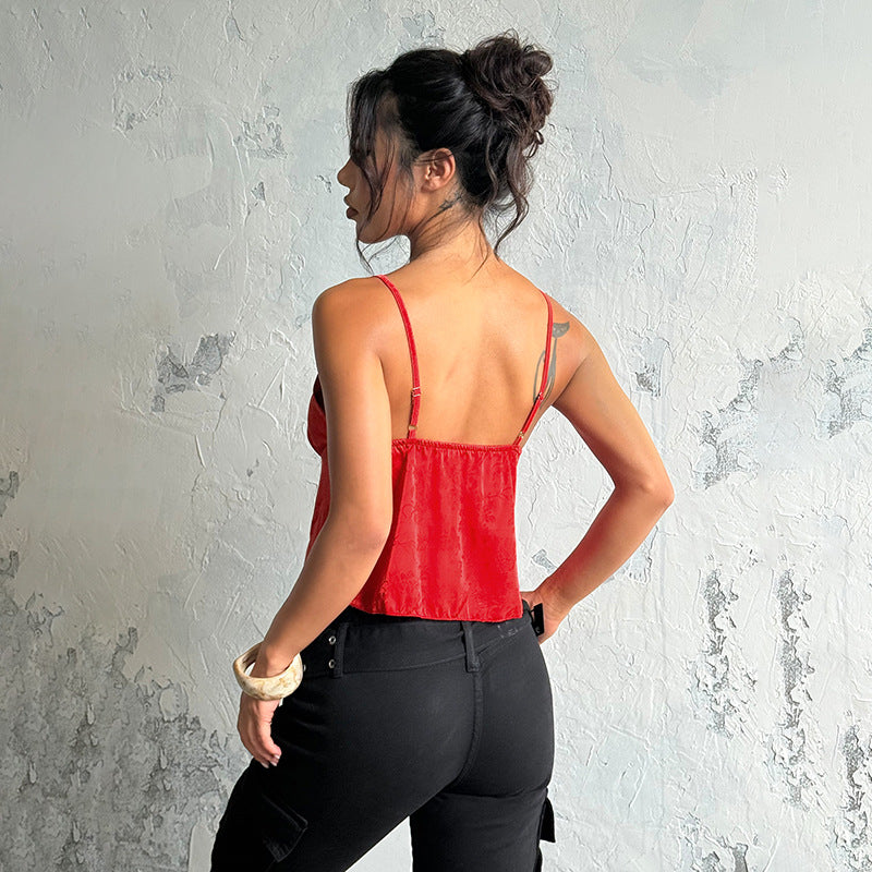 Satin Jacquard Slip Cami Top - V-Neck Loose Fit