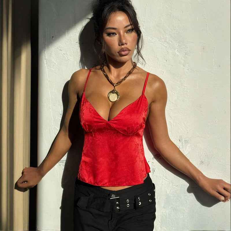 Satin Jacquard Slip Cami Top - V-Neck Loose Fit