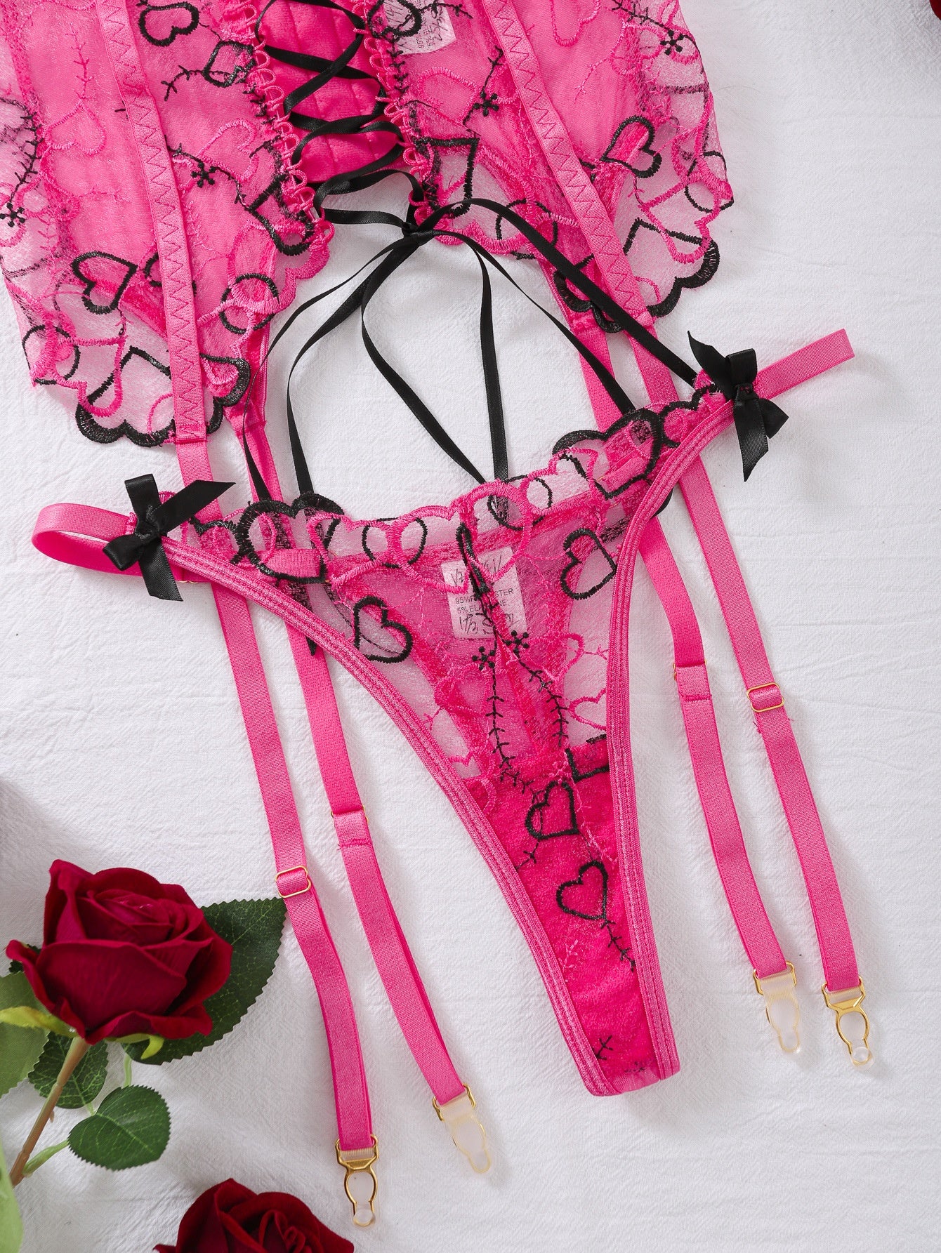 Love Embroidered Garter Set - 3PC Lace-Up Lingerie