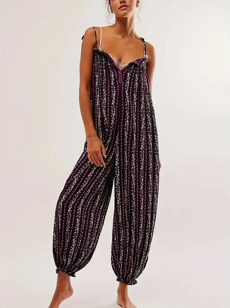 Sleeveless Flowy Vibrant Striped Jumpsuit with Lace Trim