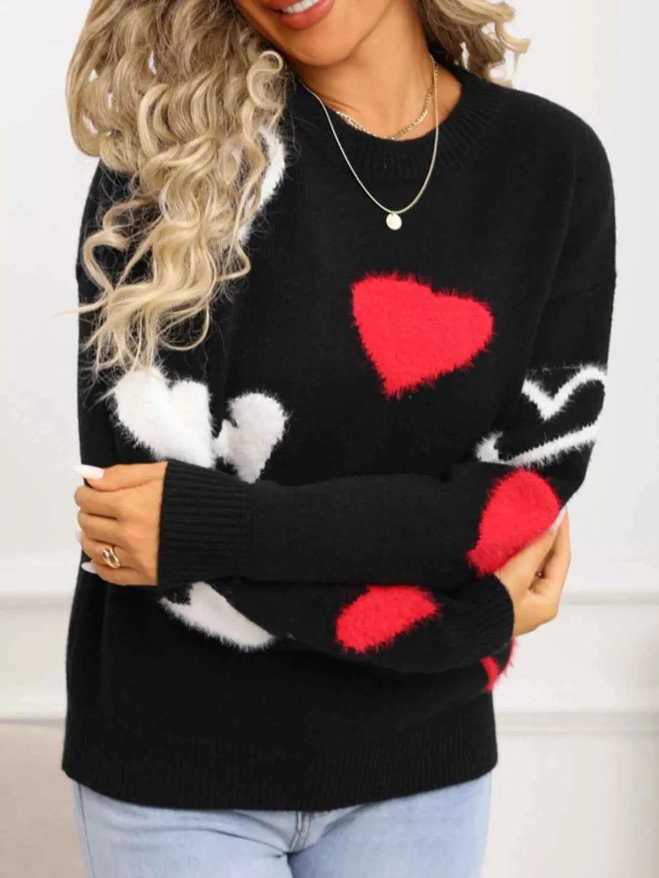 Valentine's Day Heart Pattern Knit Sweater - Fashions Envy
