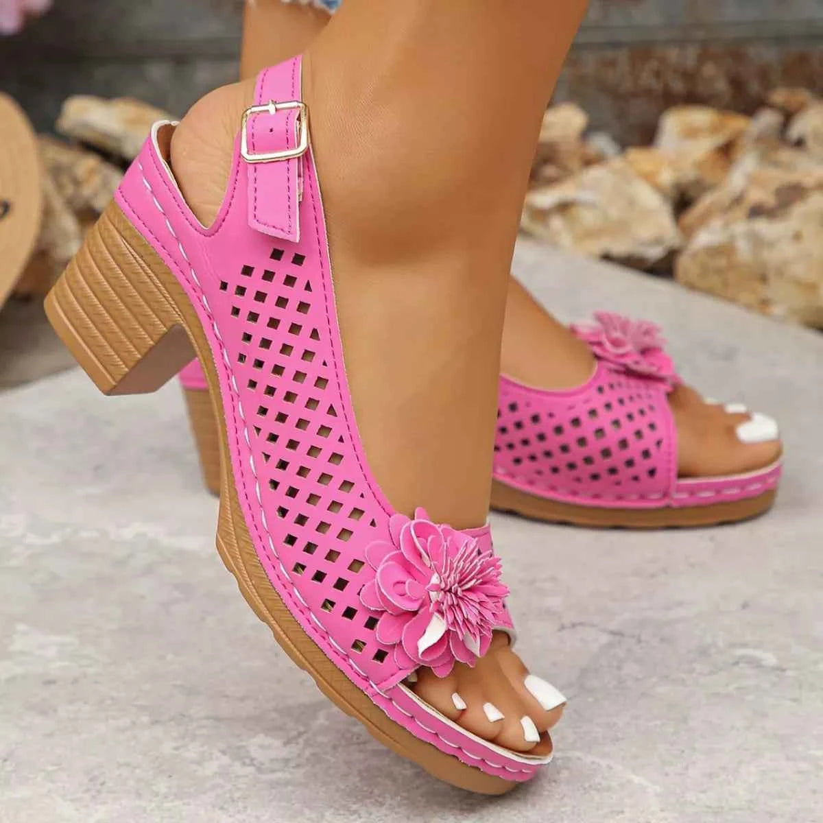 Floral Accent Block Heel Sandals