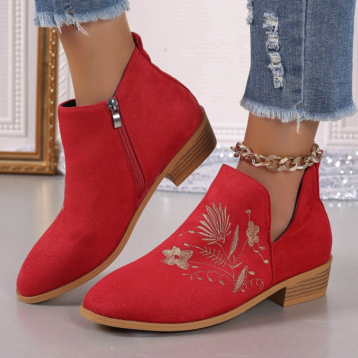 Embroidered Suede Point Toe Block Heel Boots - Fashions Envy