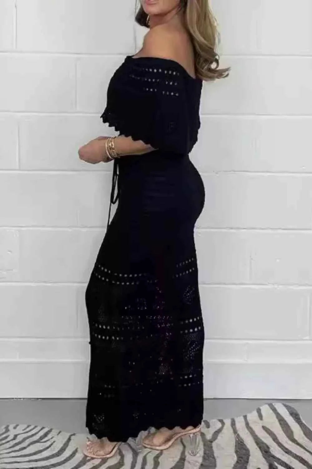 Off-Shoulder Maxi Dress - Waist Tie Crochet Cutouts