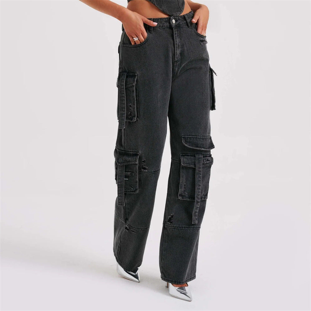 Low Waist Three-dimensional Tube Top and Pocket Stitching Cargo Jeans