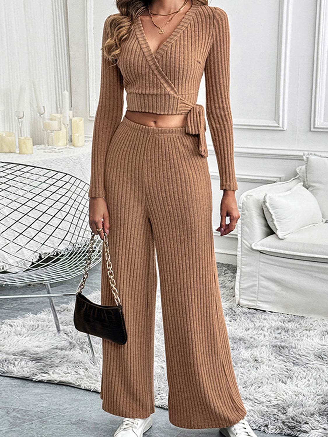 Perfee Surplice Long Sleeve Top and Pants Set - Fashions Envy