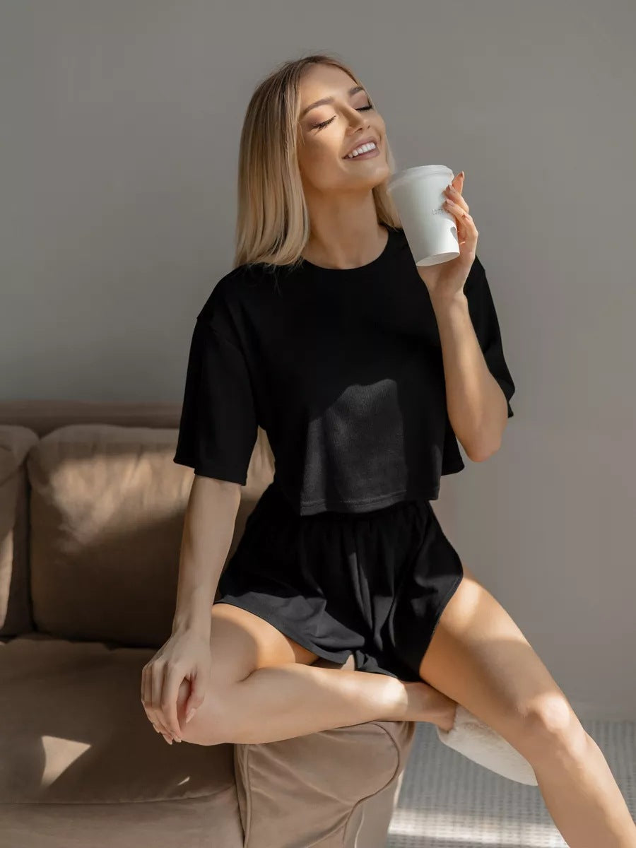 Striped Pajama Set - Crew Neck Casual Home Wear for Women
