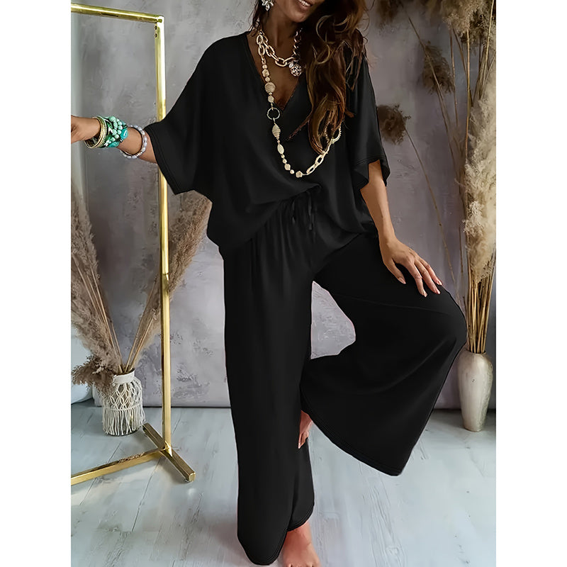 Two-Piece Lounge Set - V-Neck Top & Wide Leg Pants