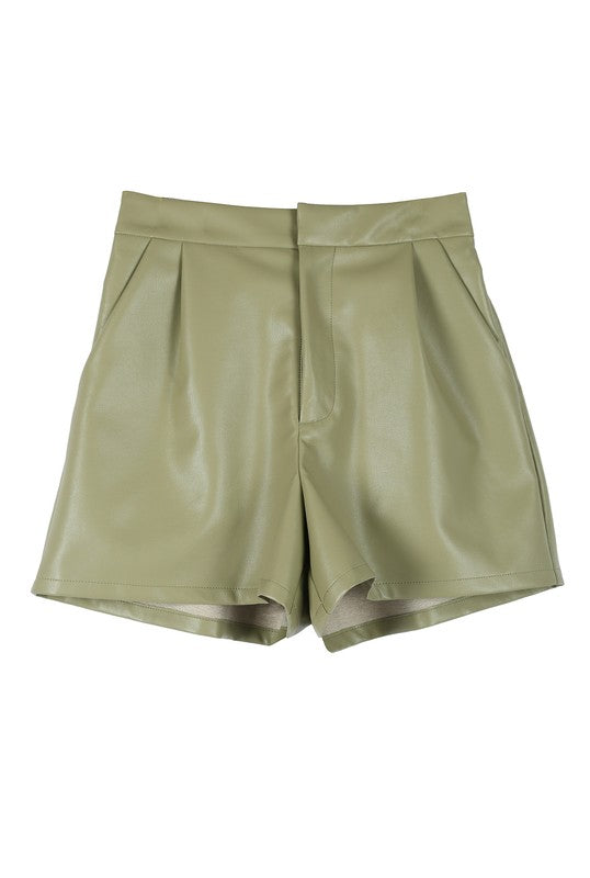 Pintuck Vegan Wide Elastic Band Leather Mini Shorts