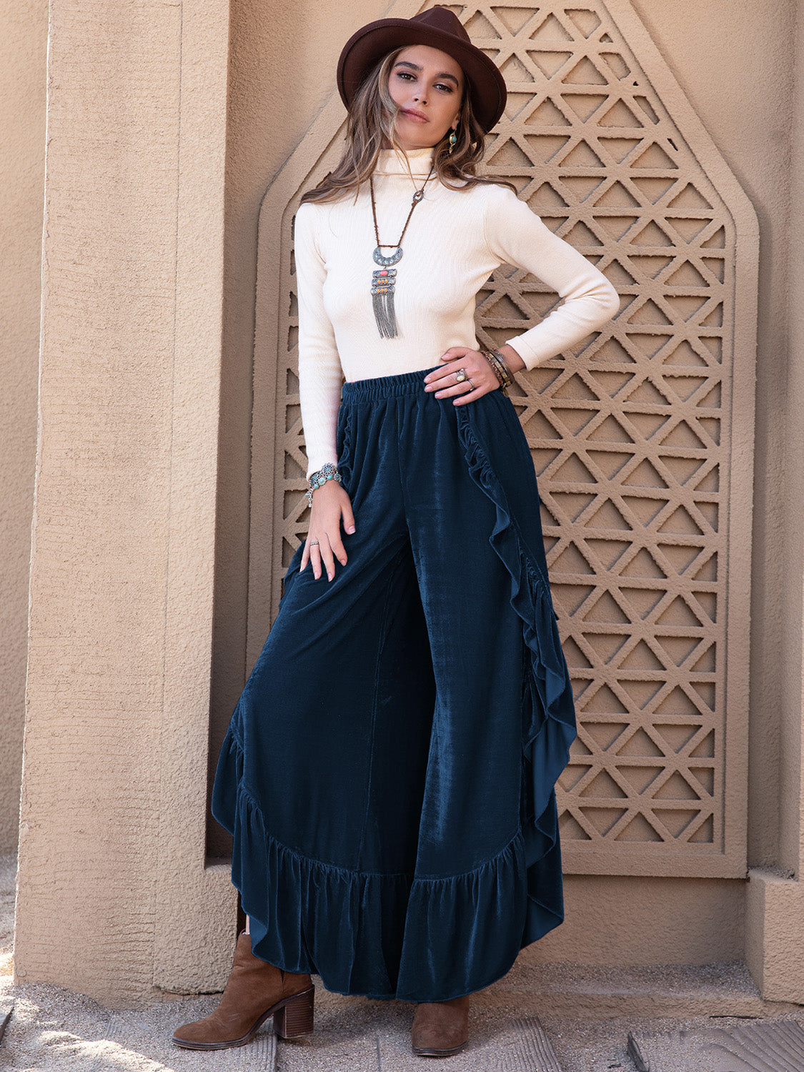 Ruffled Wide Leg Pants - Slit Detail Flowy Style