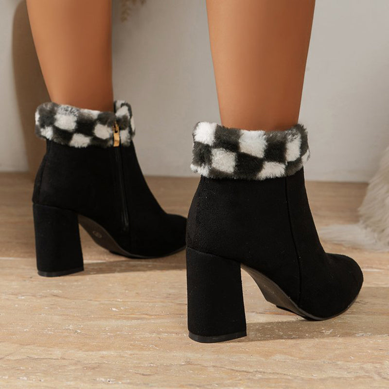 Plaid Ankle Boots - Furry Lined Square Heel Winter Boots