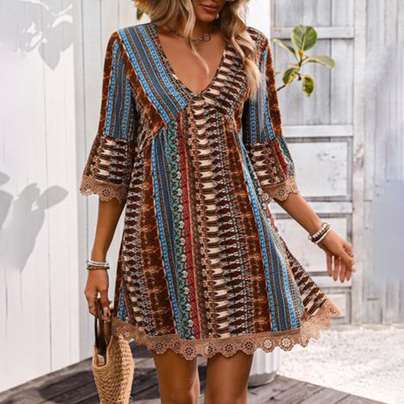 Boho V-Neck Sundress - Lace Trim Print Dress