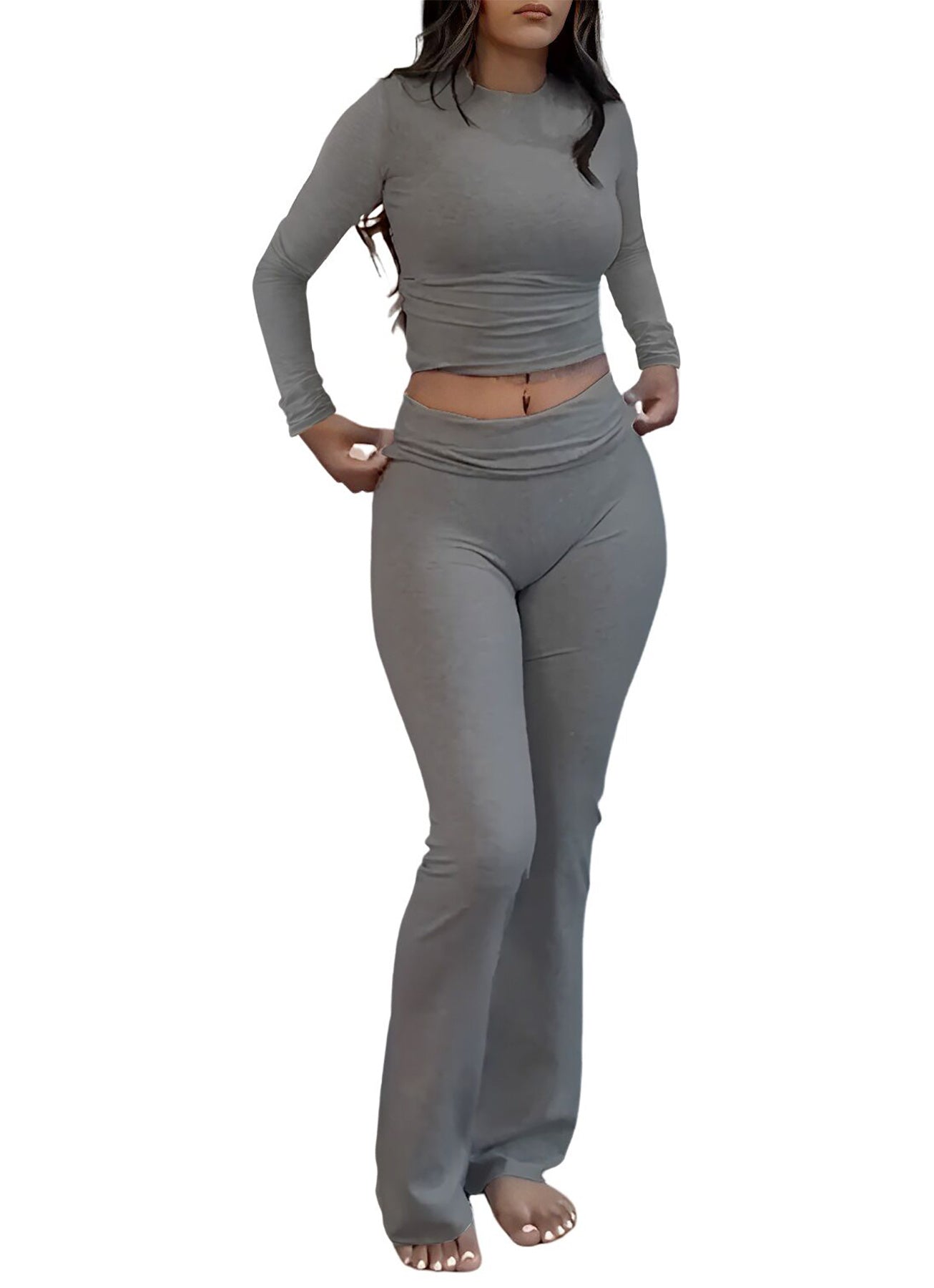 Sports Two Piece Set - High Waisted Flared Pants Streetwear
