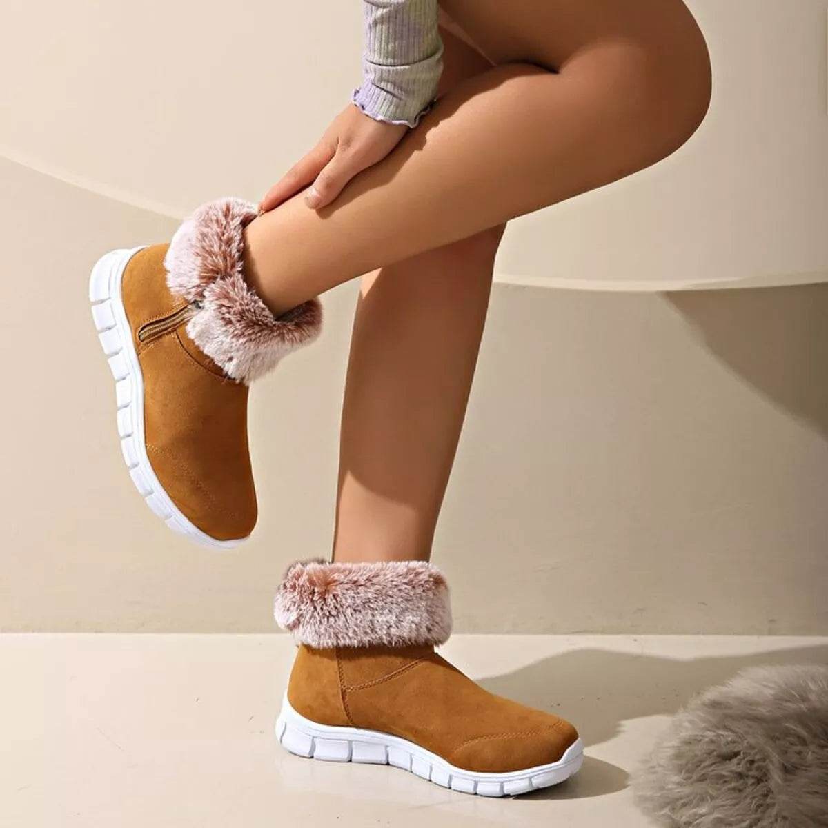 Side Zip Faux Fur Boots - Cozy Low Heel Winter Boots - Fashions Envy