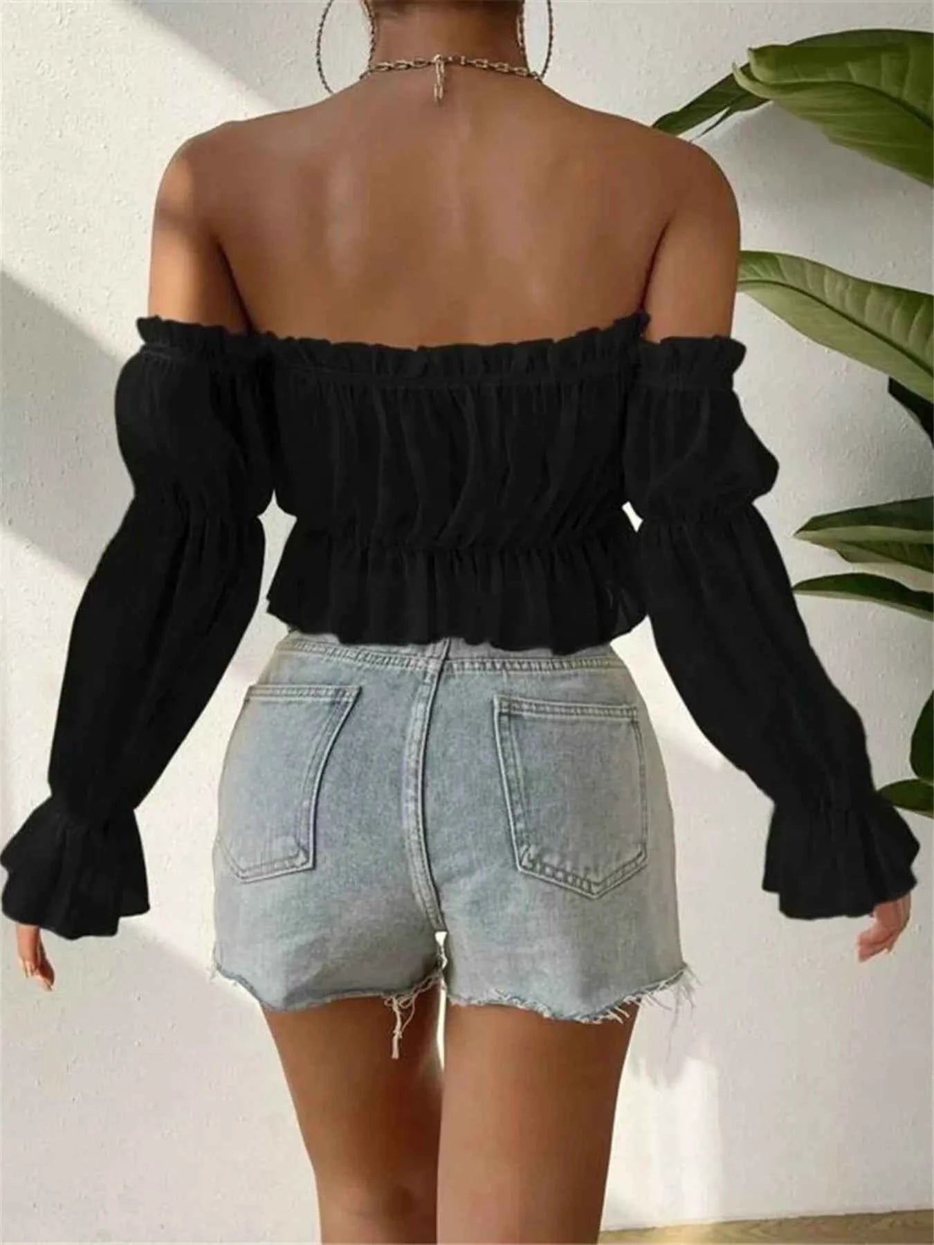 Off-Shoulder Ruffle Trim Sheer Cropped Blouse