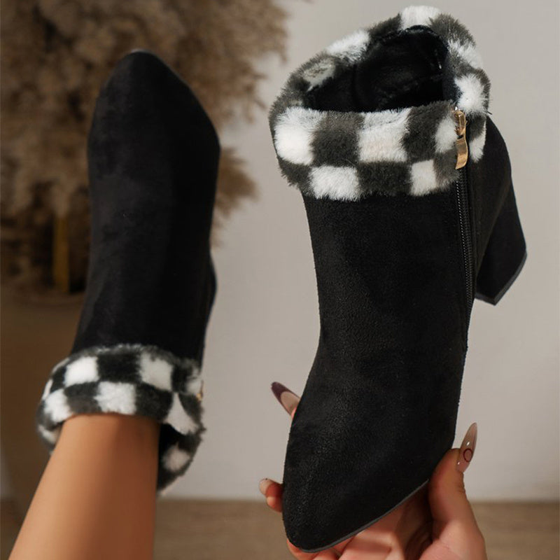Plaid Ankle Boots - Furry Lined Square Heel Winter Boots