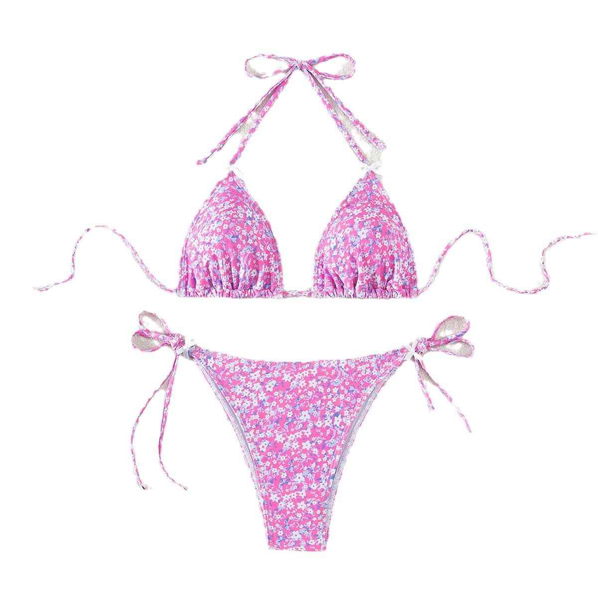 Floral Triangle Bikini - Lace Up Front Tie Bottoms Set