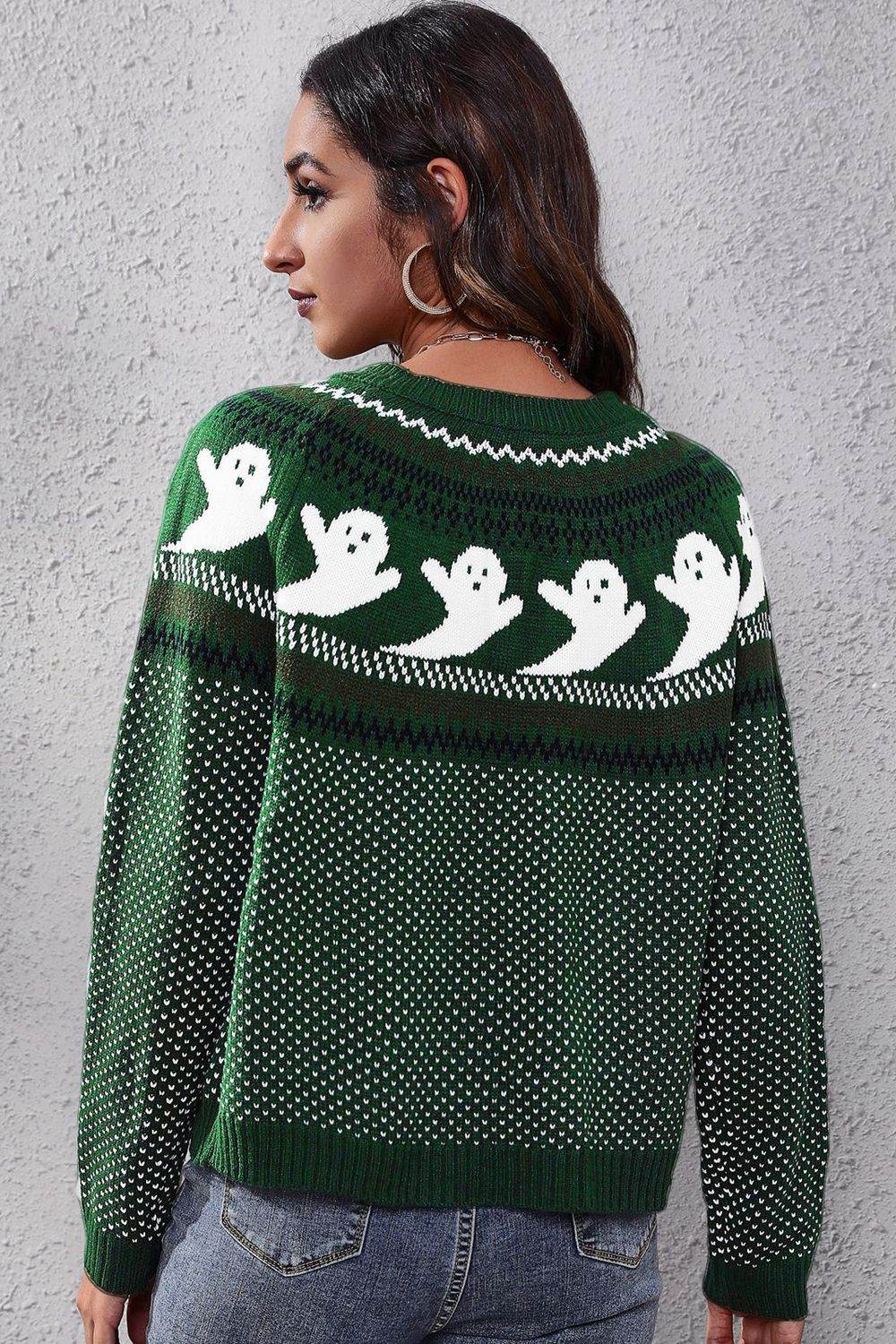 Ghost Pattern Round Neck Long Sleeve Sweater - Fashions Envy