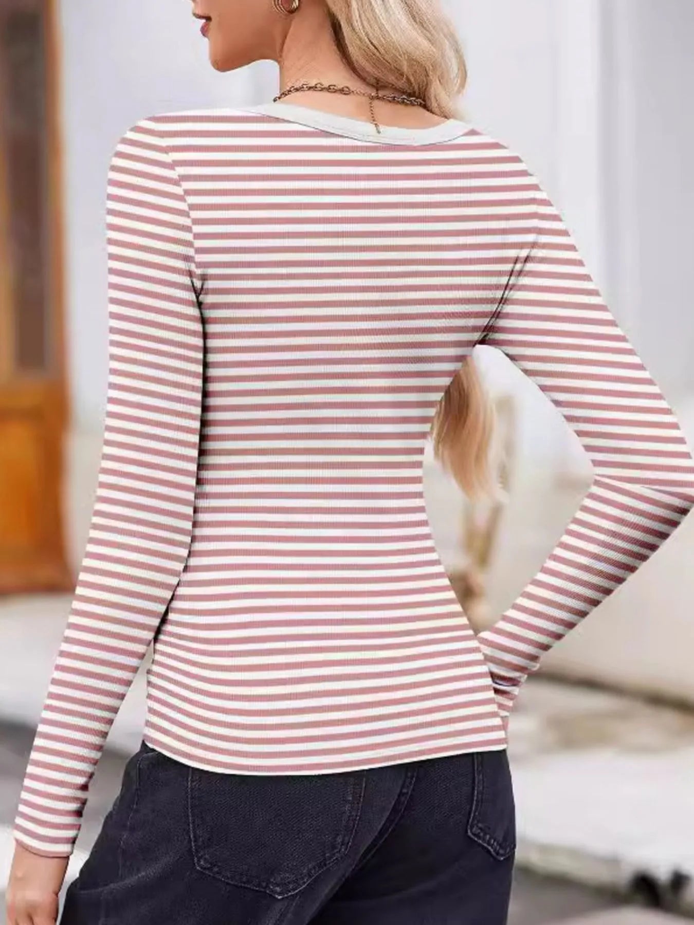 Scoop Neck T-Shirt Trendsi long sleeve pink and white striped fitted top shown from back