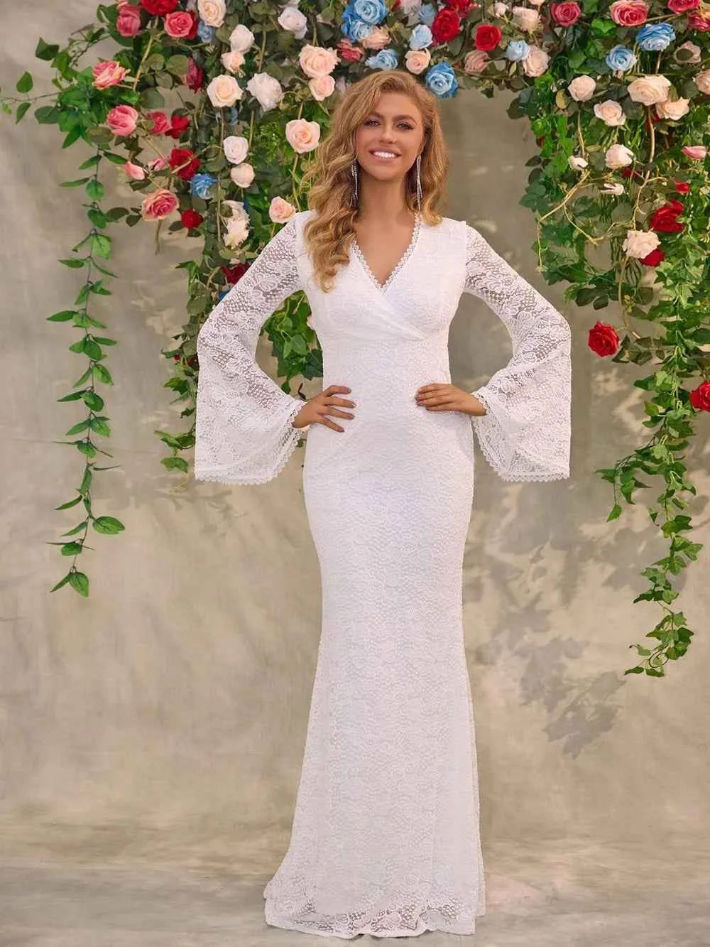 White Lace Flare Sleeve Maxi Dress - Surplice V-Neck Gown