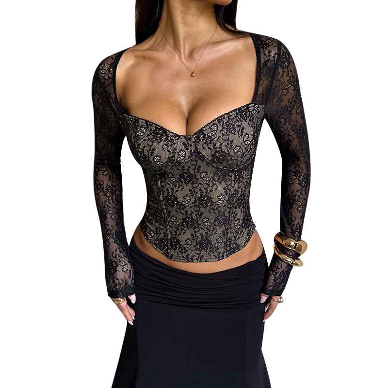 Black Lace Long Sleeve Top - V-Neck Waist Cinched Slim