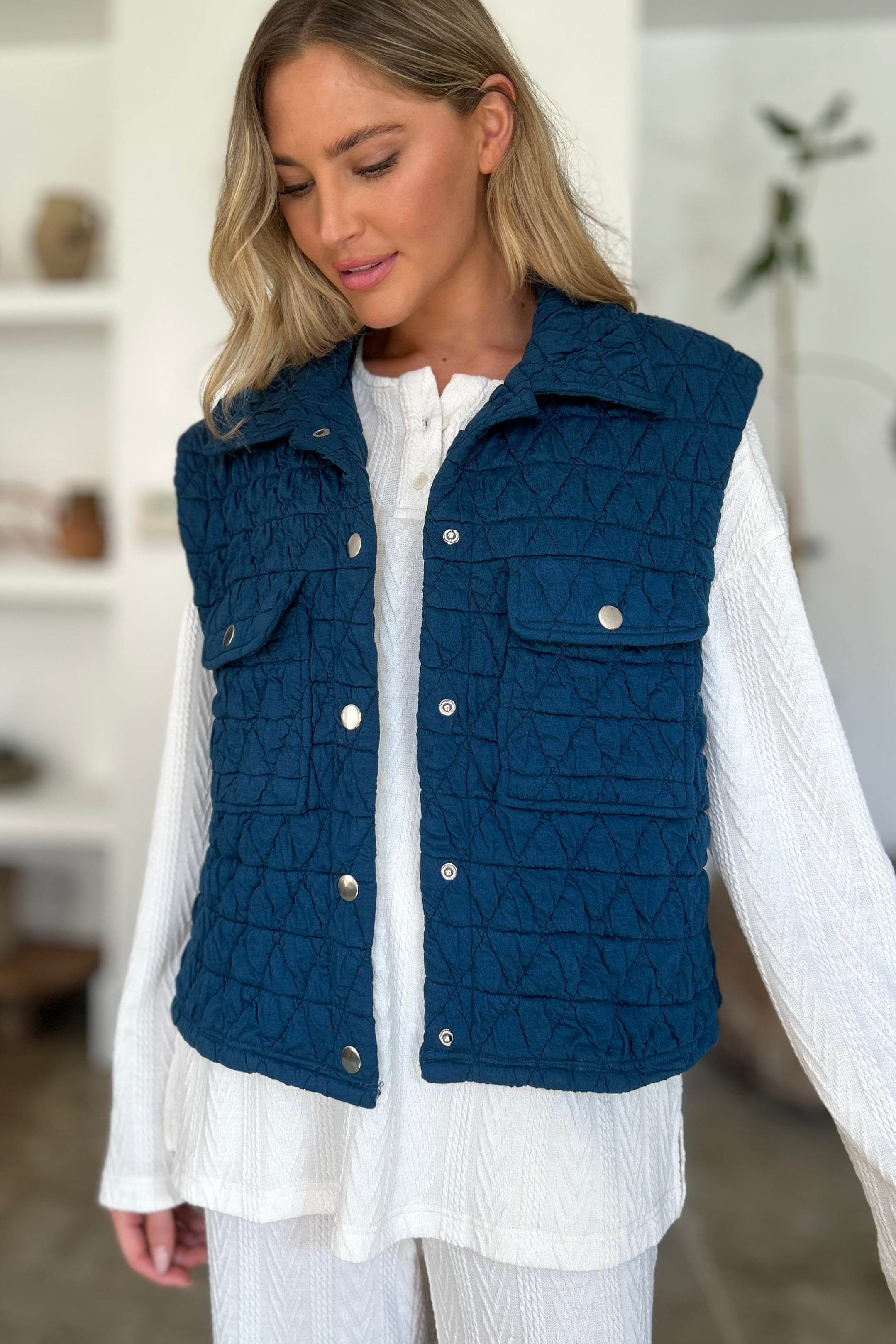 Double Take Full Size Pocketed Texture Snap Down Vest Coat - Fashions Envy