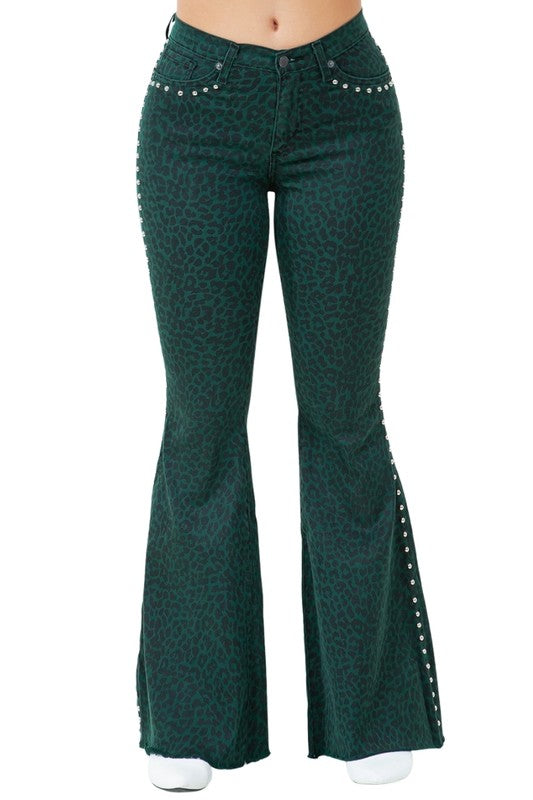 Green Leopard Studded Bell Bottom Jeans