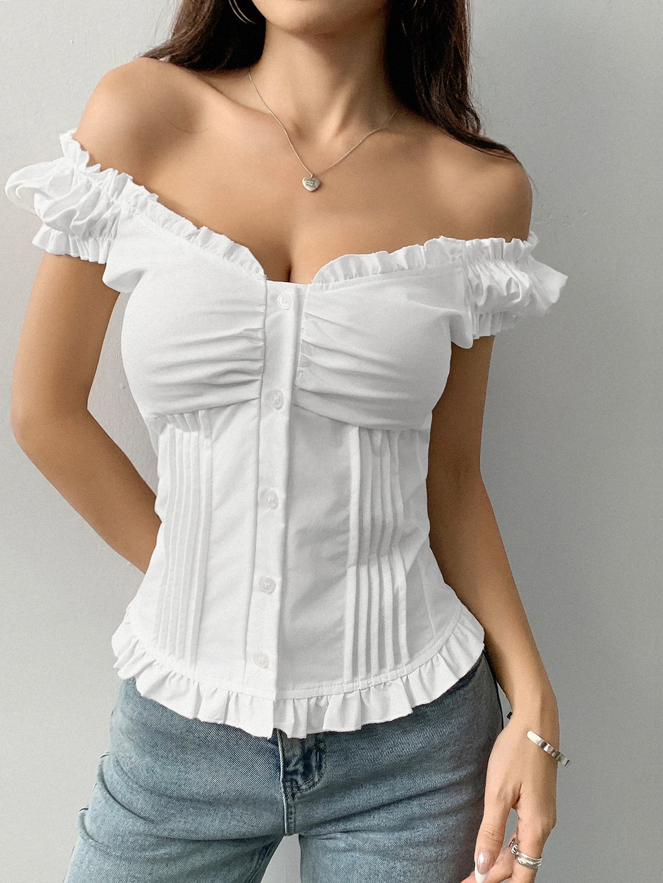 Off-Shoulder Ruffle Top - Button-Front Pleated Blouse
