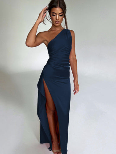 Sexy One-shoulder Slim-fit Backless Slit Satin Dress