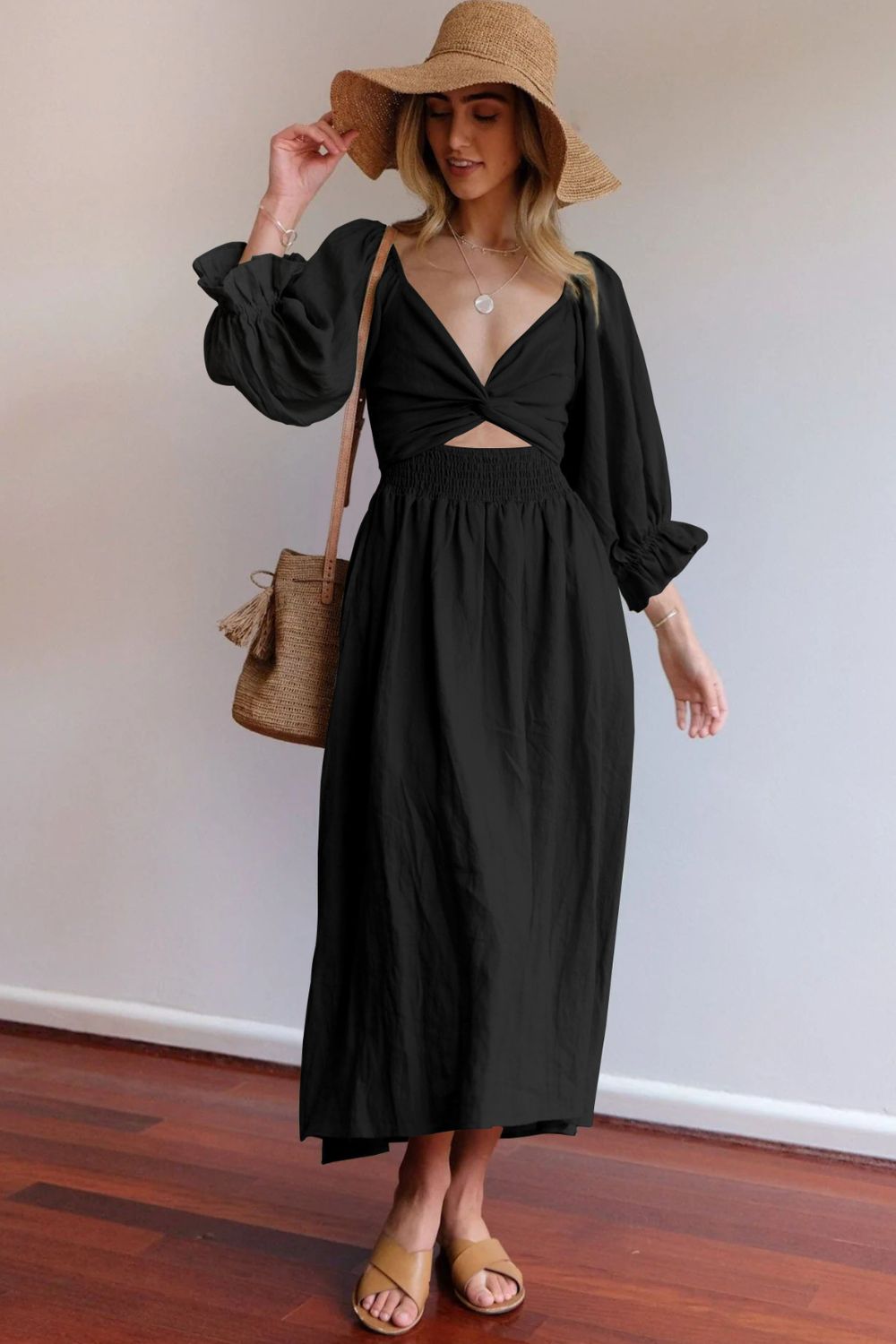 Smocked Square Neck Flounce Sleeve Midi Dress