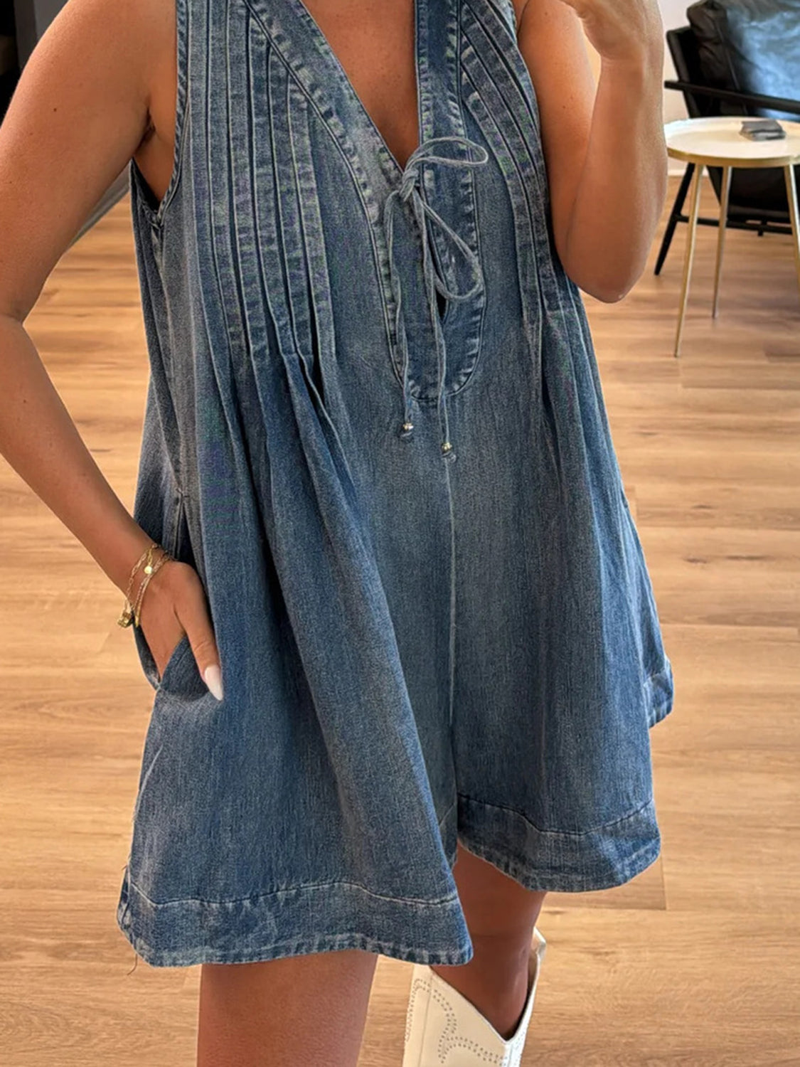 V-neck Pleated Tied Romper with Pockets