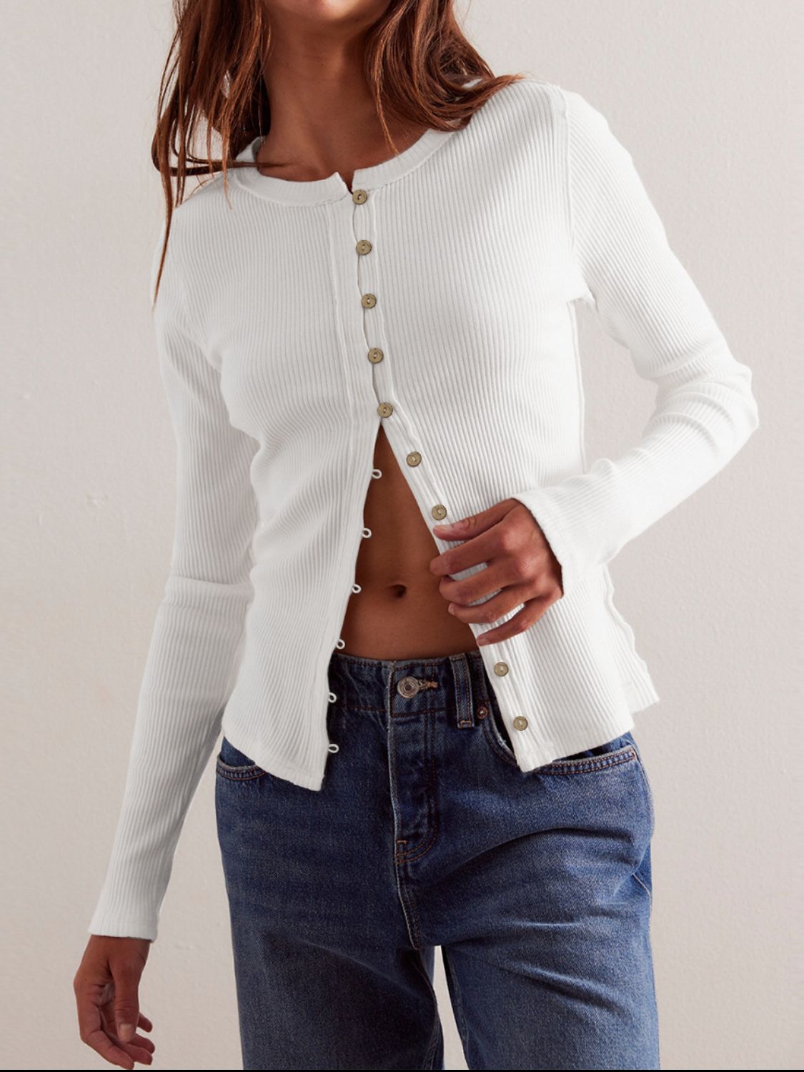 Ribbed Button-up Round Neck Long Sleeve Top