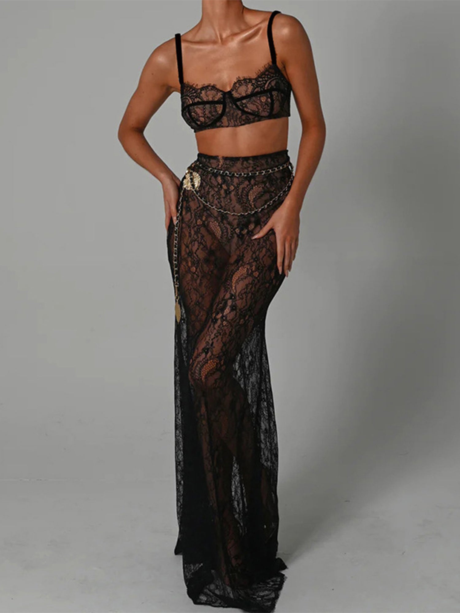 Passionate Goddess Sexy Sheer Mesh Bra Halter Top & Maxi Skirt Set