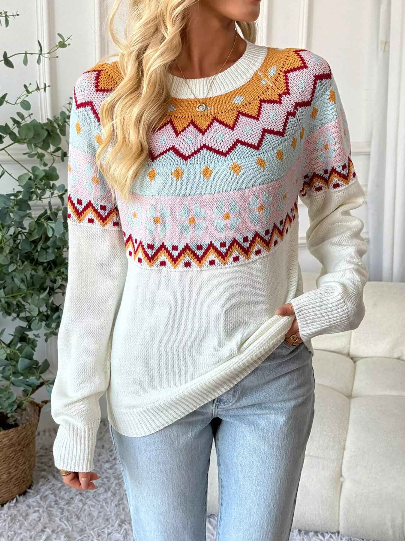 White Fair Isle Sweater - Colorful Pattern Design - Fashions Envy