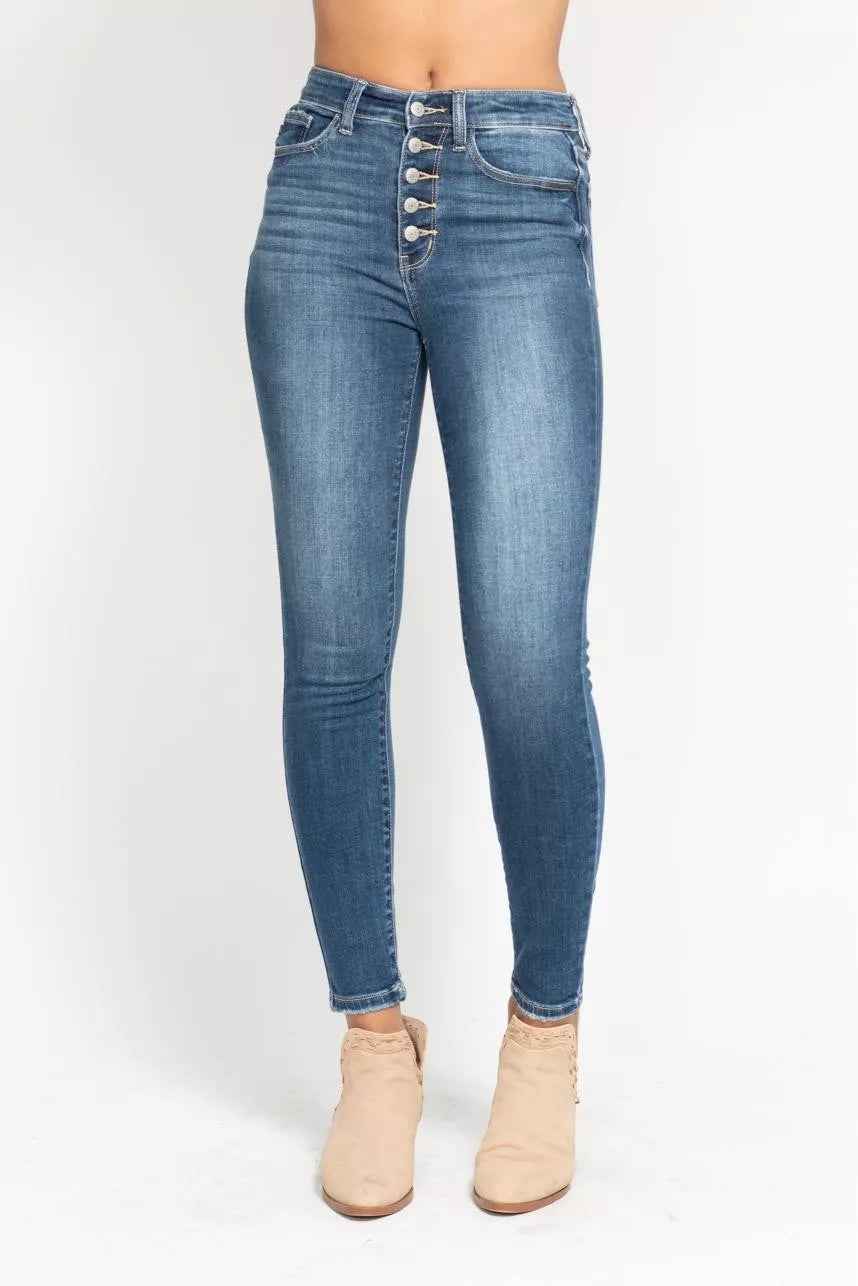 Judy Blue Full Size High Rise Button Fly Skinny Jeans Plus Size - Fashions Envy