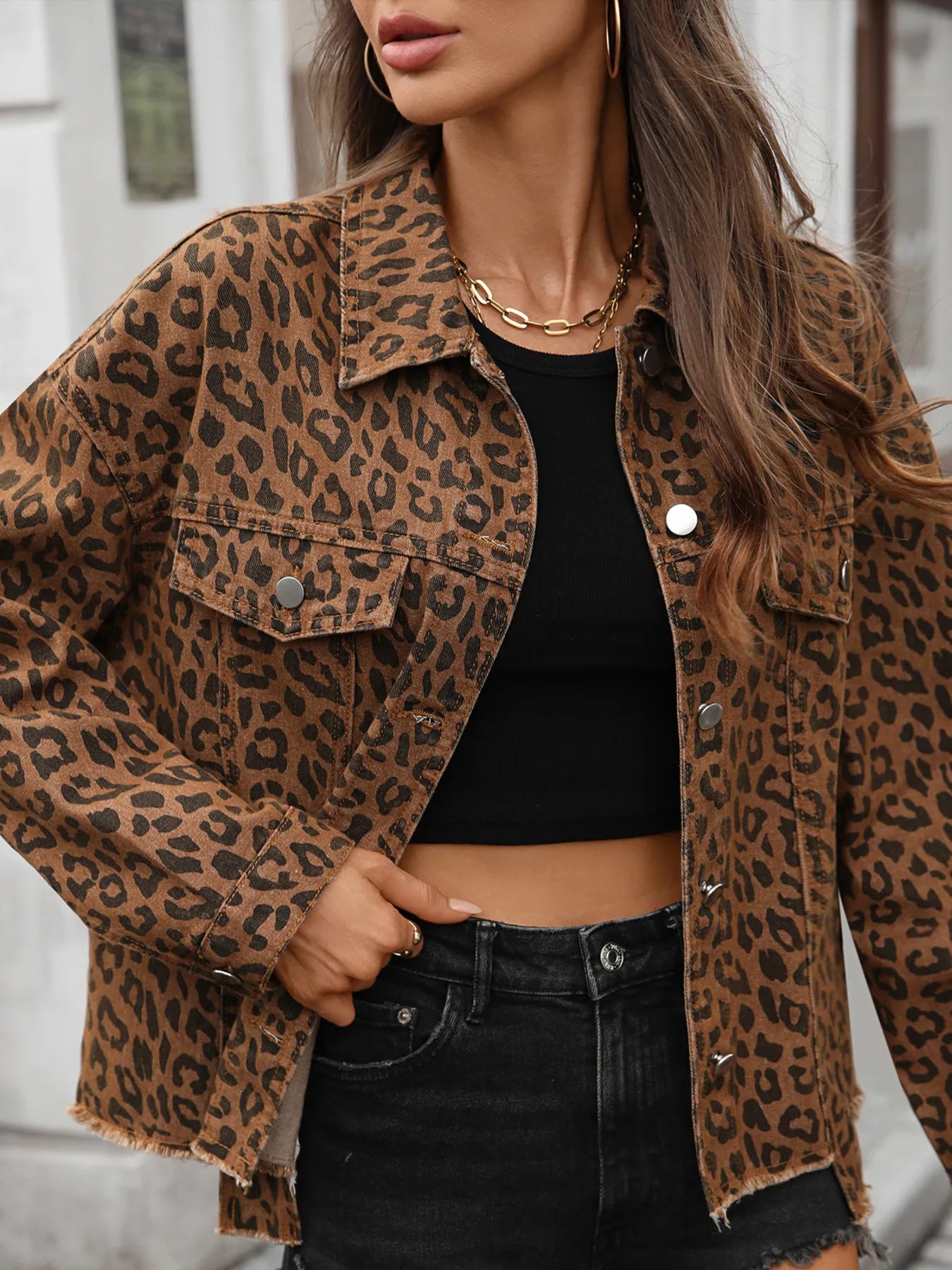 Leopard Print Denim Jacket - Raw Hem Statement Outerwear - Fashions Envy