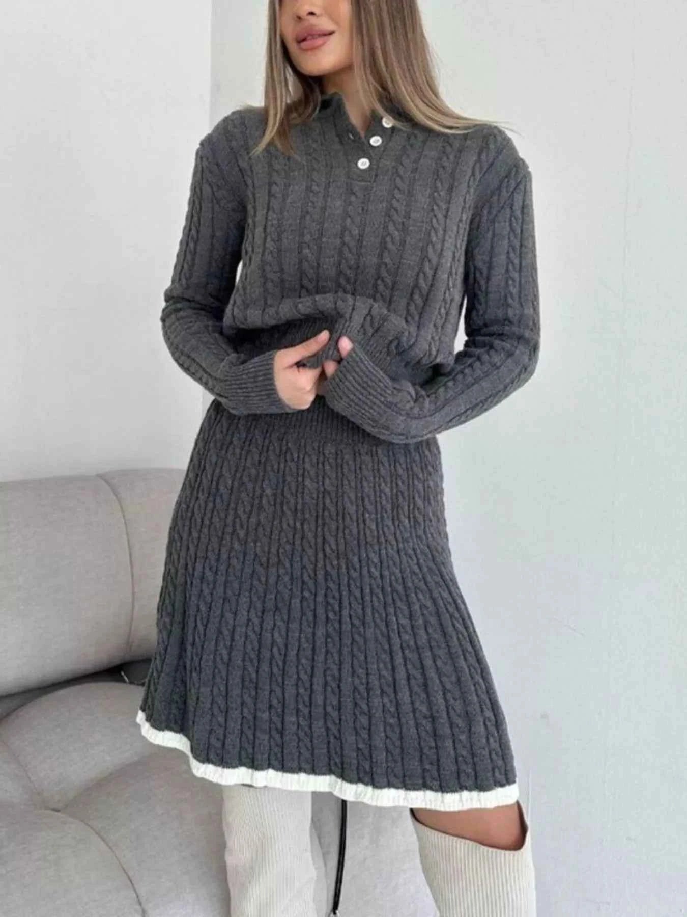 Cable Knit Long Sleeve Top and Skirt Sweater Set