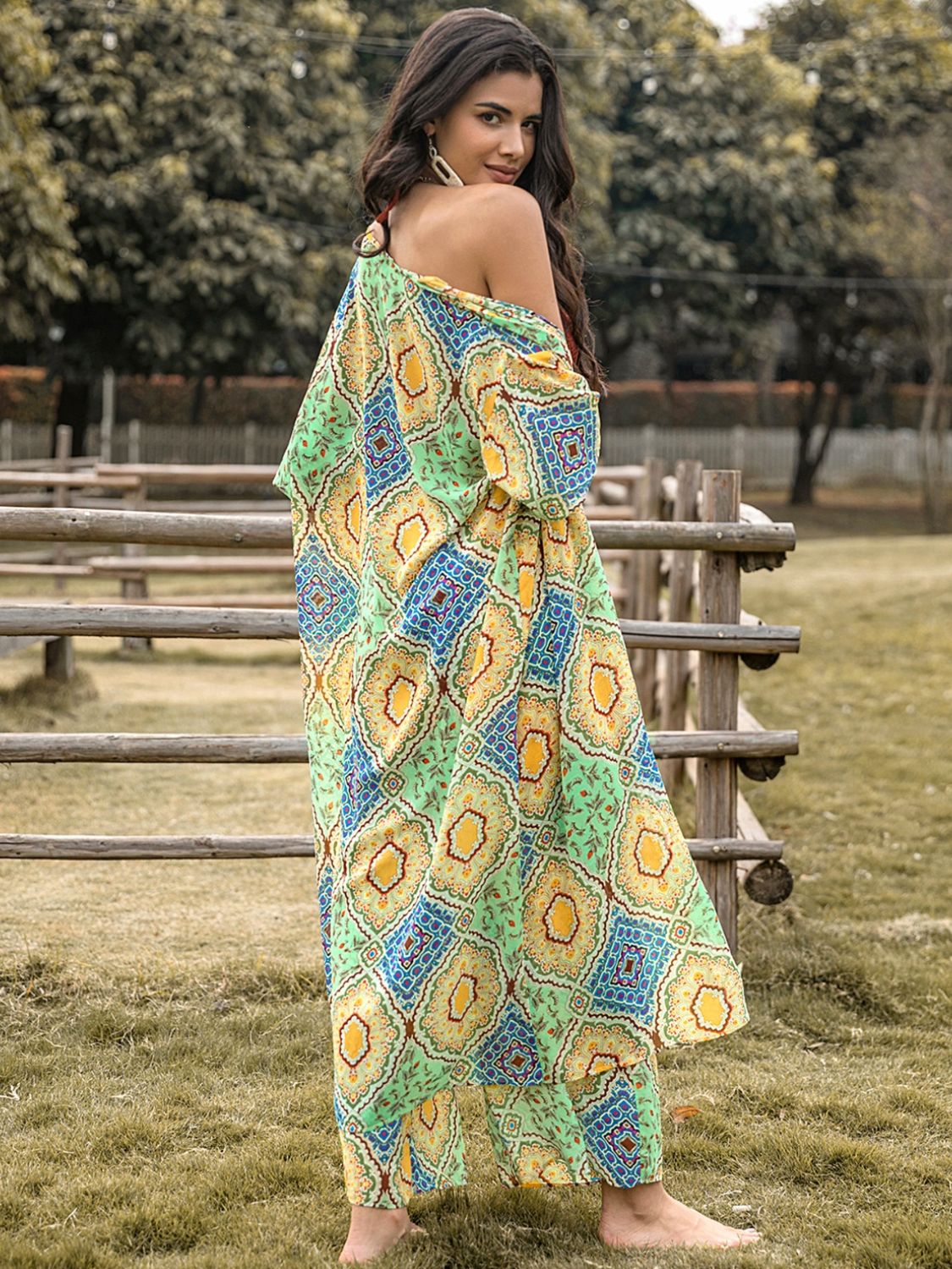 Printed Half Sleeve Top and Wide Leg Pants Set in Gum Leaf
