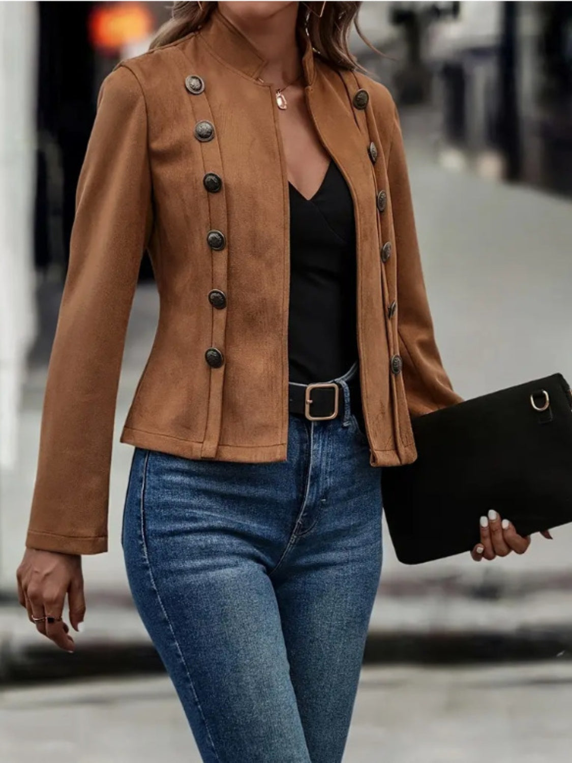 Decorative Button Open Front Long Sleeve Jacket - Fashions Envy