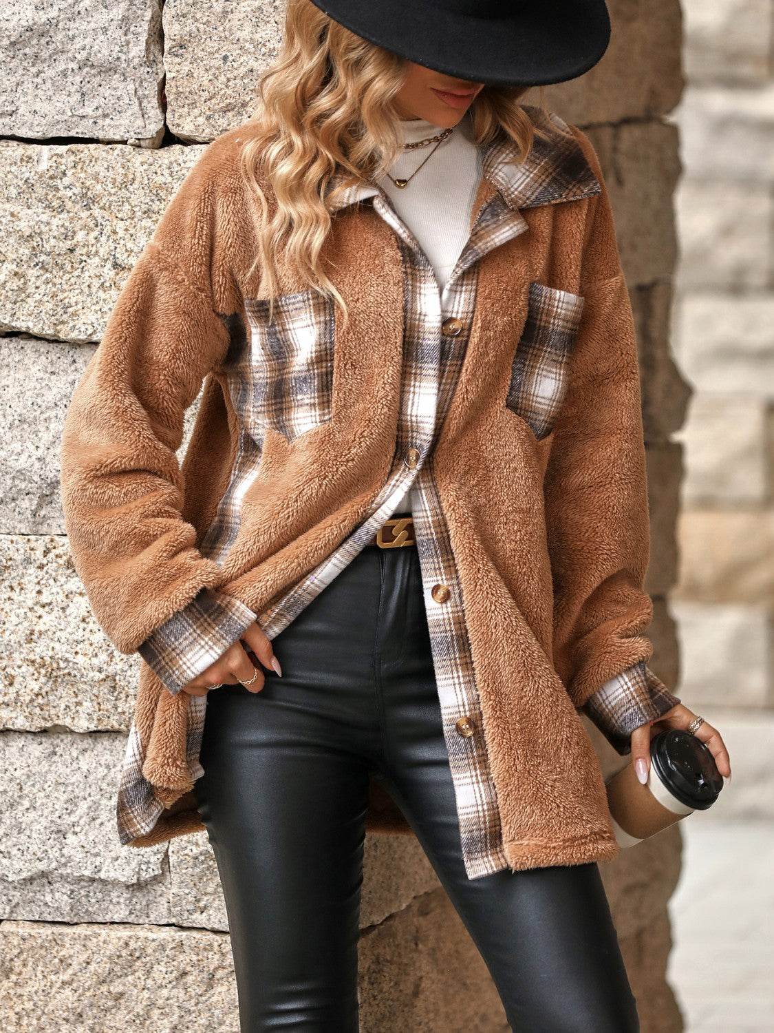 Plaid Contrast Dropped Shoulder Coat - Fashions Envy