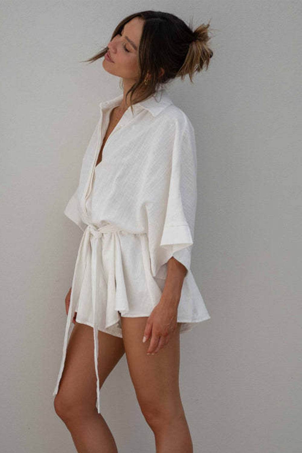 Tied Button Up Collared Neck Romper - Fashions Envy