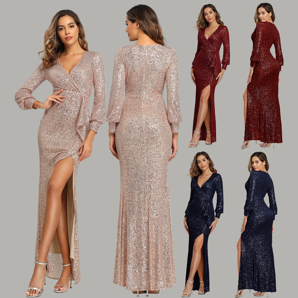 Sequined High Slit Evening Dress - Long Sleeve Banquet Gown